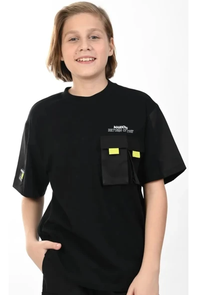 Erkek Çocuk Tişörtü Cepli Şortu Torba Cepli Saat Yazı Desenli Siyah Renk Oversize Şortlu Takım - 2