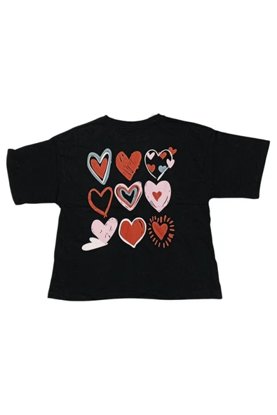 Kız Çocuk Önü Arkası Kalp Desenli Oversize Siyah Tişört