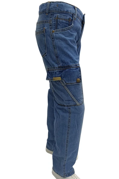 Erkek Çocuk Bagi Model Çift Kargo Cepli Mavi Kot Pantolon - 3