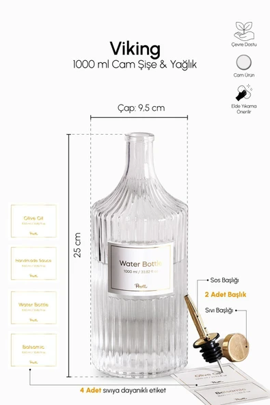 Perotti Viking 1000 ml Cam Şişe ve Yağlık Kapaklı Çift Kapaklı - Resim 4