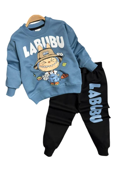 Erkek Çocuk Labubu Resim Yazılı Mavi Eşofman Takımı