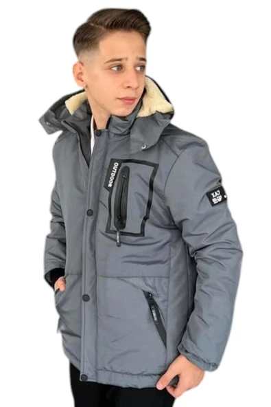 Erkek Çocuk Outdoor Yazılı Fermuar Cepli Kapüşonu Çıkabilen İçi Peluş Astarlı İnce Antrasit Mont - 1