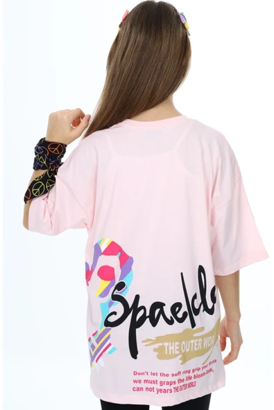 Kız Çocuk The Outer Yazı Desenli Önü Arkası Baskılı Likralı Oversize Pudra Renk Tişört - 2