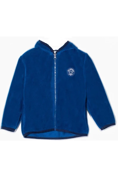 Erkek Çocuk Classic Yazı Nakışlı Kapüşonlu Fermuar Kapamalı Cepli Lacivert Renk Polar Hırka - 2