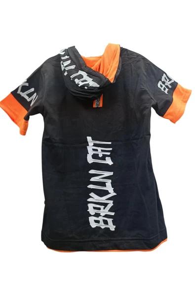 Erkek Çocuk Kedi Yazı Desenli Kapüşonlu Siyah Tişört - 2