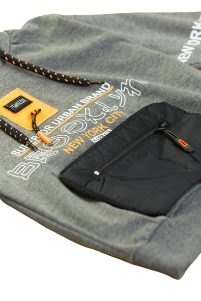 Erkek Çocuk Brooklyn Yazı Desenli Cepli Kapüşonlu Antrasit Renk Sweatshirt - 3