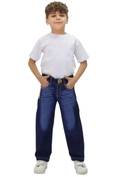 Erkek Çocuk Baggy Model Bol Paça Taşlanmış Desenli Lacivert Kot Pantolon 2890