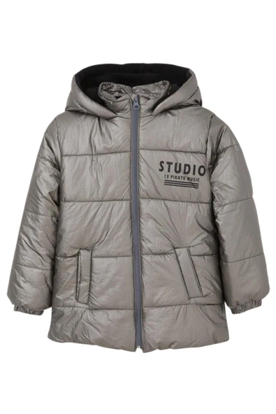 Erkek Çocuk Studio Yazılı Fermuarlı Kapüşonlu Gümüş Renk Mont - 1