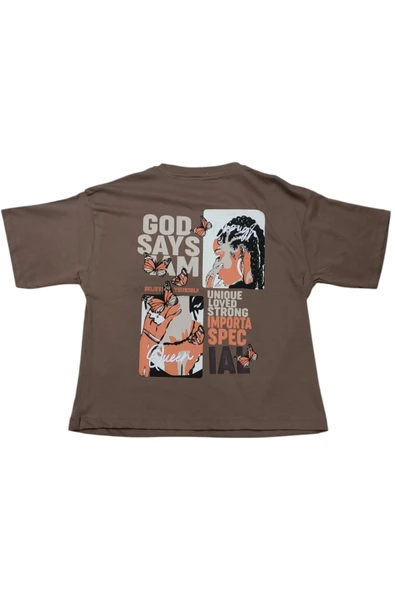 Kız Çocuk God Says Önü Arkası Desenli Oversize Kahverengi Tişört - 2