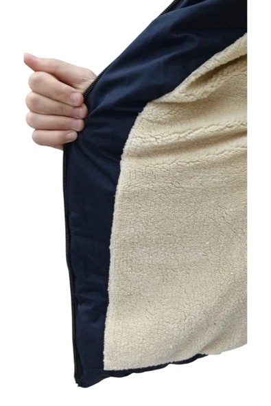 Erkek Çocuk Kapüşonu Çıkabilen İçi Peluş Astarlı Fermuar Cepli Lacivert Renk Mont - 4