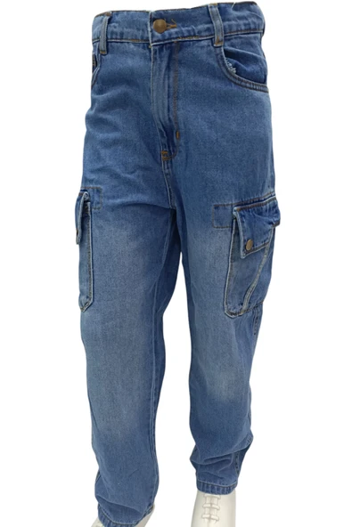 Erkek Çocuk Bagi Model Çift Kargo Cepli Mavi Kot Pantolon - 2