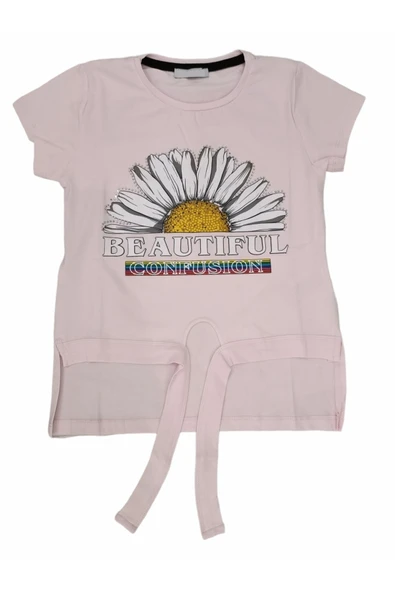 Kız Çocuk Beatiful Yazı Desenli Belden Bağlamalı Göbek Üstü  T-Shirt