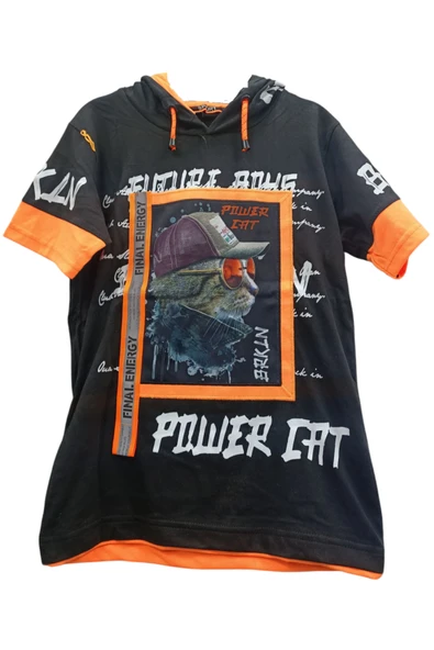 Erkek Çocuk Kedi Yazı Desenli Kapüşonlu Siyah Tişört