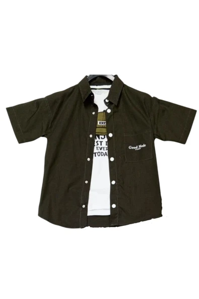 Erkek Çocuk Paraşüt Kumaş Çıtçıt Kapamalı Tişörtlü Haki Renk Gömlek Tişört Takımı