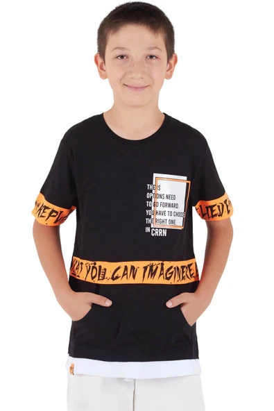 Erkek Çocuk Kanguru Cepli Önü Sırtı Desenli Oversize Tişört Siyah