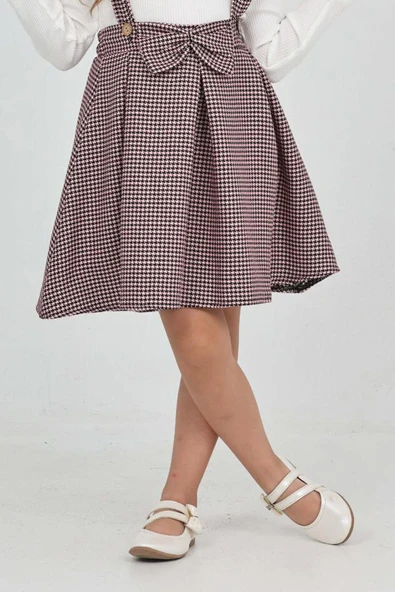 Kız Çocuk Dantel Yakalı Salopet Askılı Kazayağı Desenli 2'li Elbise 12304 - Resim 3