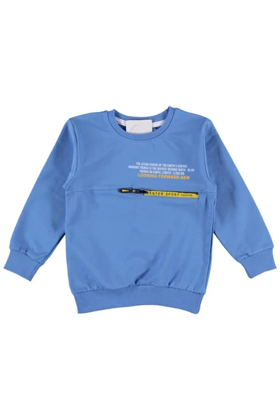 Erkek Çocuk Looking Yazı Desenli Fermuar Cep Detaylı Mavi Renk Sweatshirt