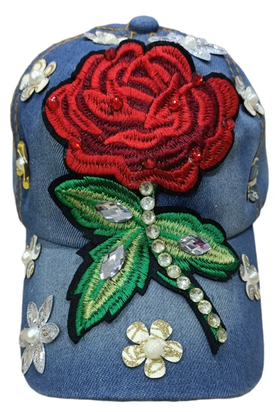 Kız Çocuk Gül Nakışlı Kot Şapka