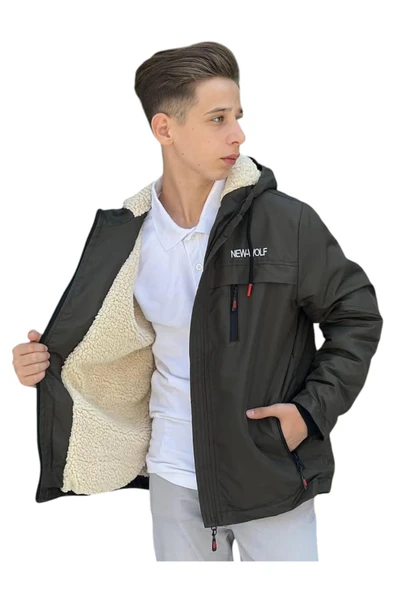 Erkek Çocuk New Wolf Yazılı Fermuar Cepli İçi Peluş Astarlı Haki Renk İnce Mont - 2