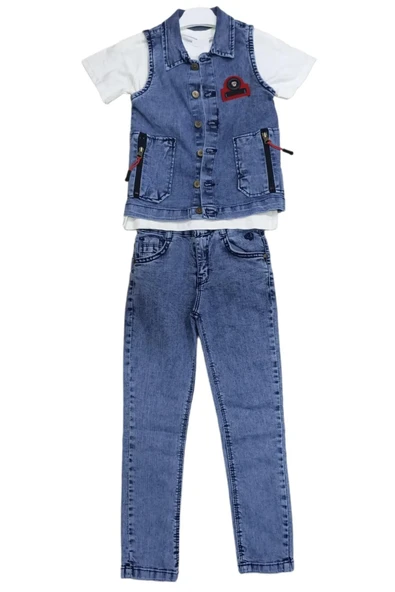 Erkek Çocuk Düğme Kapamalı Kot Yelekli Tişört Kot Pantolon Üçlü Takım