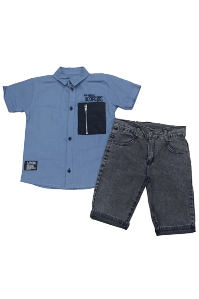 Erkek Çocuk Koyu Mavi Renk Gömlek Kot Şort Takımı