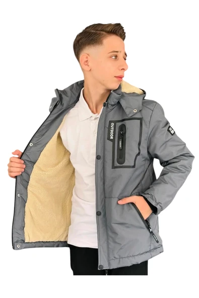 Erkek Çocuk Outdoor Yazılı Fermuar Cepli Kapüşonu Çıkabilen İçi Peluş Astarlı İnce Antrasit Mont - 4