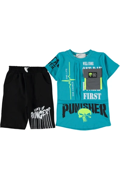 Erkek Çocuk Punisher Yazı Resim Desenli Cepli Turkuaz Renk Şortlu Takım