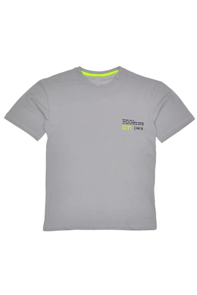 Erkek Çocuk Saat Desenli Çift Taraf Yazı Desenli Oversize Tişört Gri