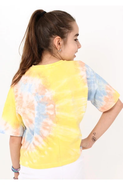 Kız Çocuk Any More Yazı Desenli Batik Crop Tişört Sarı - 3