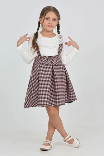 Kız Çocuk Dantel Yakalı Salopet Askılı Kazayağı Desenli 2'li Elbise 12304 ürün görseli 1