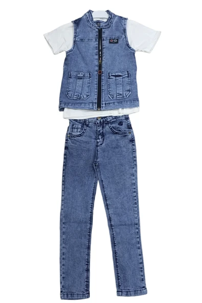 Erkek Çocuk Fermuar Kapamalı Kot Yelek Tişört Pantolon Üçlü Takım