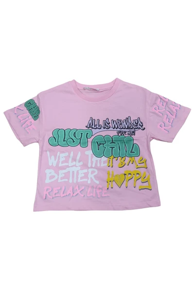 Kız Çocuk Just Chill Yazı Desenli Crop Tişört Pembe