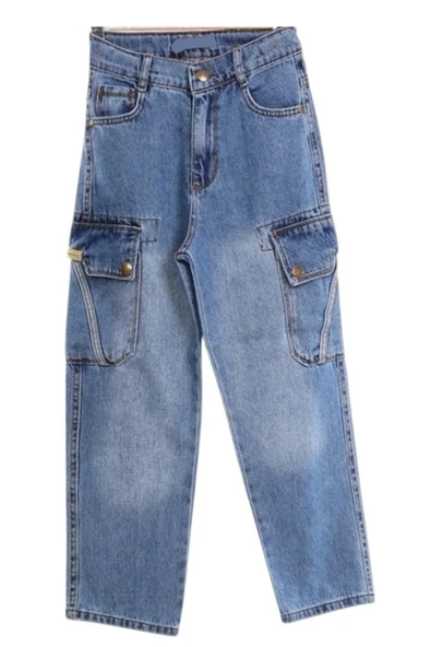 Erkek Çocuk Bagi Model Çift Kargo Cepli Mavi Kot Pantolon