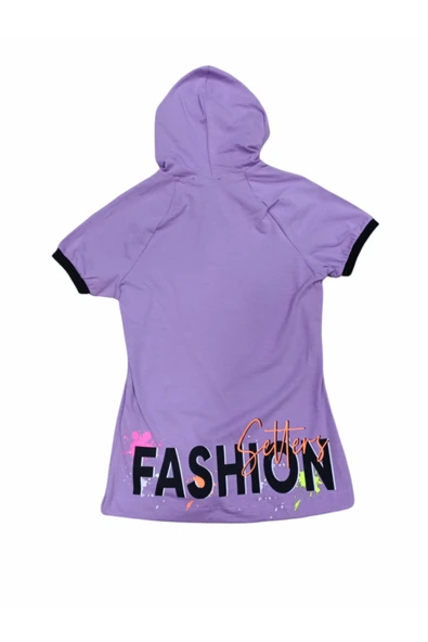 Kız Çocuk Fashion Yazı Desenli Kapüşonlu Tişört - 2