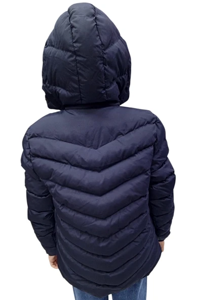 Erkek Çocuk Kapüşonu Çıkabilen İçi Peluş Astarlı Fermuar Cepli Lacivert Renk Mont - 3