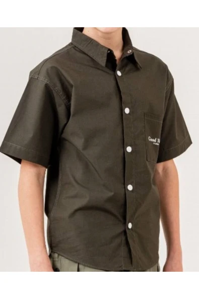 Erkek Çocuk Paraşüt Kumaş Çıtçıt Kapamalı Tişörtlü Haki Renk Gömlek Tişört Takımı - 2