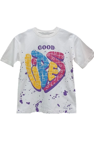 Kız Çocuk Good Vibes Yazılı Ekru Tişört
