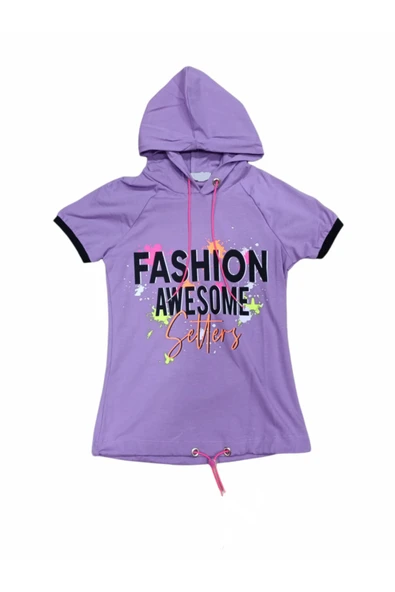 Kız Çocuk Fashion Yazı Desenli Kapüşonlu Tişört