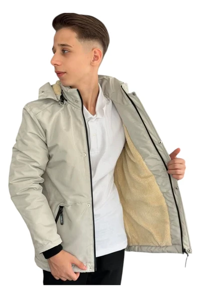 Erkek Çocuk Outdoor Yazılı Fermuar Cepli Kapüşonu Çıkabilen İçi Peluş Astarlı İnce Mont - 3