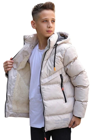 Erkek Çocuk Önü Fermuar Cepli Kapüşonu Çıkabilen Bej Renk Mont - 3