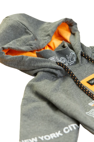 Erkek Çocuk Brooklyn Yazı Desenli Cepli Kapüşonlu Antrasit Renk Sweatshirt - 2