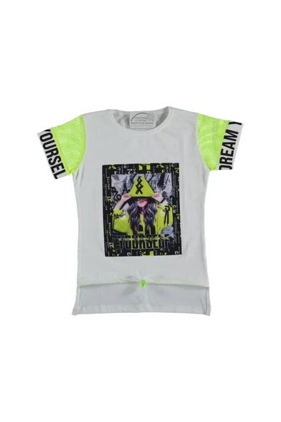 Kız Çocuk Kolu File Beli Lastikli Tişört