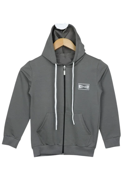 Erkek Çocuk Young Yazı Sırtı Desenli Fermuarlı Kapüşonlu Gri Hırka