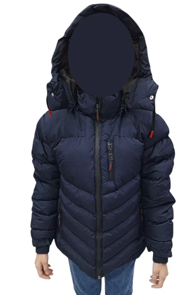 Erkek Çocuk Kapüşonu Çıkabilen İçi Peluş Astarlı Fermuar Cepli Lacivert Renk Mont - 2