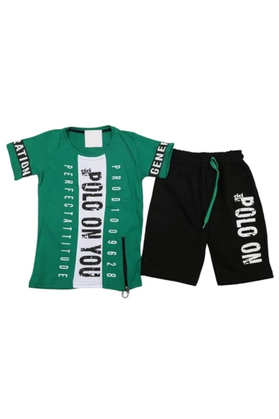 Erkek Çocuk Fermuar Detaylı Yazı Desenli Şortlu Takım
