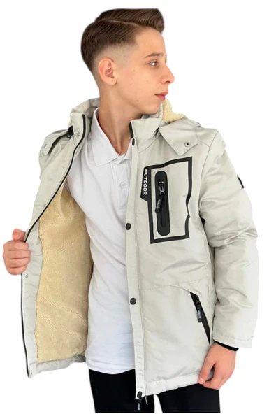 Erkek Çocuk Outdoor Yazılı Fermuar Cepli Kapüşonu Çıkabilen İçi Peluş Astarlı İnce Mont - 2