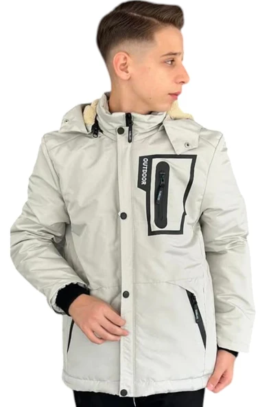 Erkek Çocuk Outdoor Yazılı Fermuar Cepli Kapüşonu Çıkabilen İçi Peluş Astarlı İnce Mont - 1