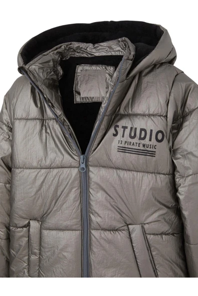Erkek Çocuk Studio Yazılı Fermuarlı Kapüşonlu Gümüş Renk Mont - 3