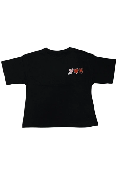 Kız Çocuk Önü Arkası Kalp Desenli Oversize Siyah Tişört - 2