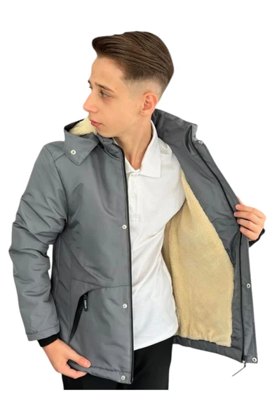 Erkek Çocuk Outdoor Yazılı Fermuar Cepli Kapüşonu Çıkabilen İçi Peluş Astarlı İnce Antrasit Mont - 3